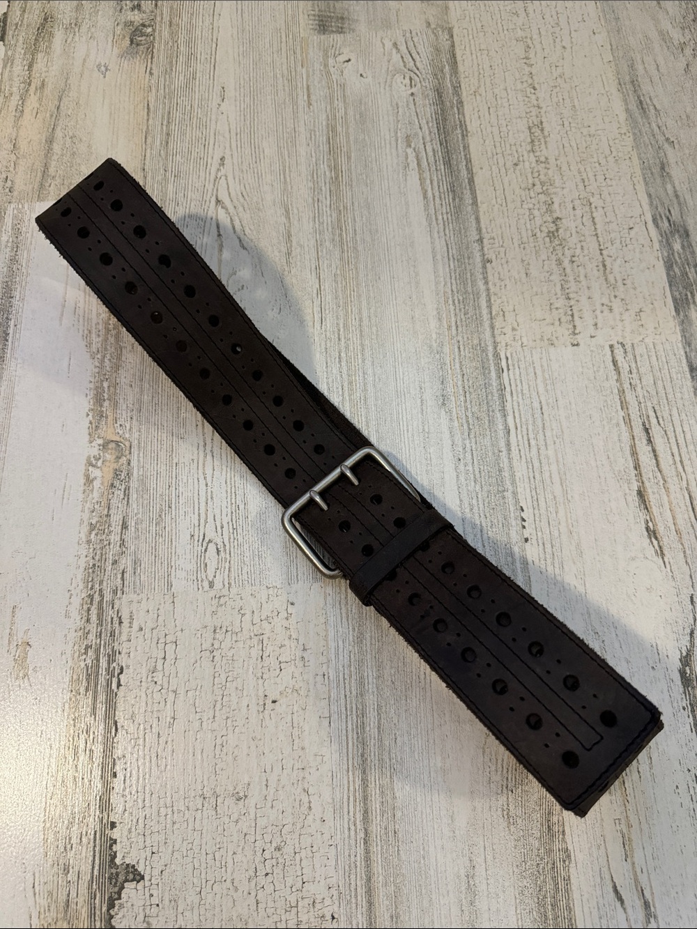 Vintage Leather Gray Two Hole Silvertone Double Prong Buckle Sizable Belt L 41” - Picture 13 of 14